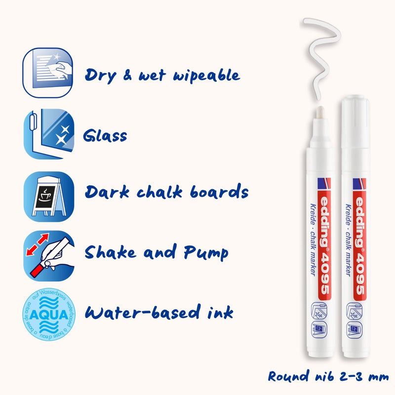 edding 4095 Set-Black, red, Blue, Green Round Nib 2-3 mm-Wet Wipe chalkboards, Windows, Glass, Mirrors-Liquid Chalk Marker Opaque Coverage, 4 pen, 22: Set of 4-Multi-Coloured - Image 2